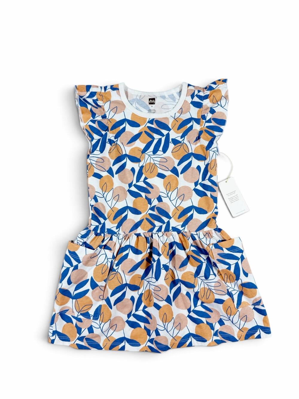 NEW Tea Collection Flutter Sleeve Pocket Dress Orange Citrus Floral Size 4
